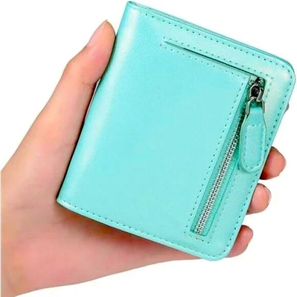NEW Slim Wallets Cowhide Leather for Women, Natural Leather Caribbean Green - Picture 2 of 9